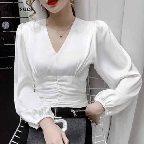 Women Solid White Waist Folds Slim Elegant Pullover V-neck Korean Style Thin Puff Sleeve Blouse Blusas Mujer De Moda 2020 11888