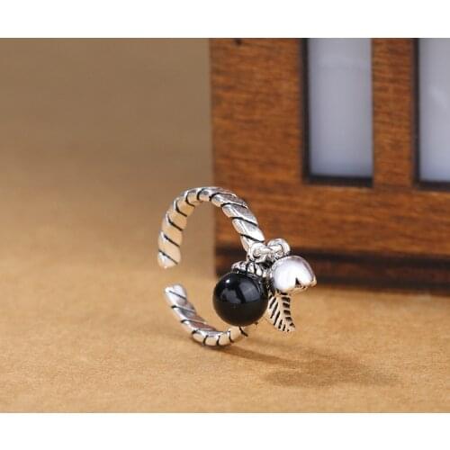 DreamySky Real Silver Color Black Ball Leaf Rings For Women Open Size Wedding Ring Beautiful Jewelry Drop Shipping