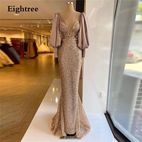 Eightree Royal Bling Sequines Glitter Long Sleeves Muslim Evening Dresses V Neck Mermaid Saudi Arabia Evening Formal Party Gowns