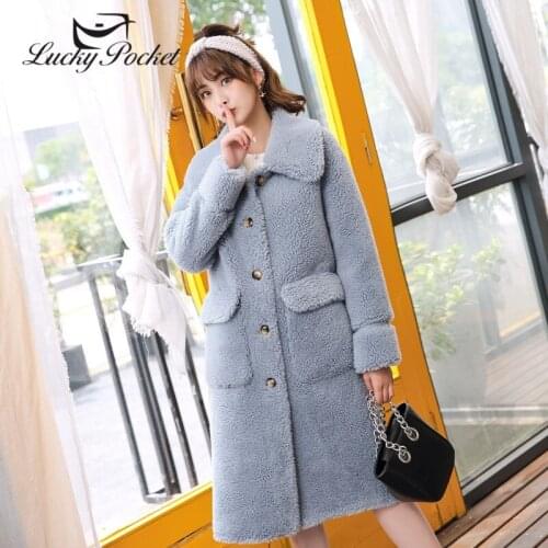 Women Winter Long Turn-down Collar blue Lamb Fur Coat Ladies Fashion Sweet Slim Thick Wool Coat Female Warm Loose Plush Coat ML7