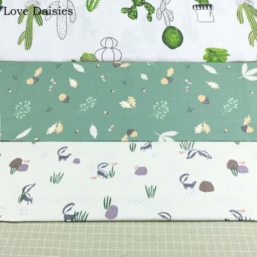 100% Cotton Width235cm WHITE GREEN Cartoon Pine Nut Squirrel Cactus Check Twill Fabric for DIY Bedding Apparel Dress Handwork