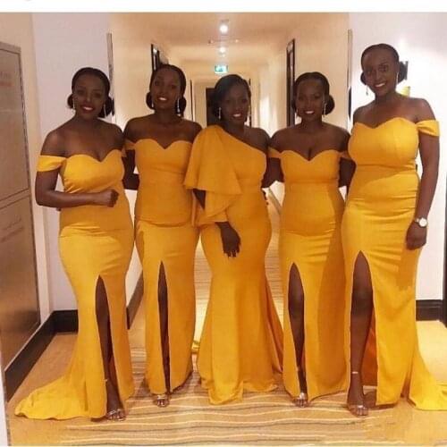 2019 Yellow Mermaid Bridesmaid Dresses Cheap Simple Off Shoulder Split Side Long Sexy Wedding Guest Prom Dress