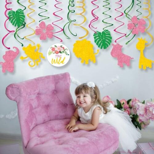 30pcs PVC Girl Jungle Animals The Wild ONE Happy Birthday Party Ceiling Hanging Swirls Party Supplies Decorations Spirals