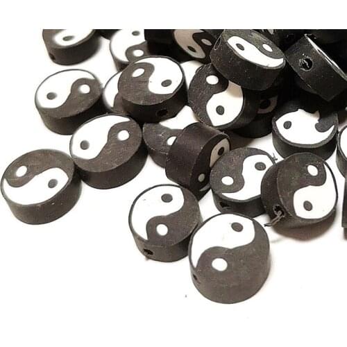 20pcs 10mm Polymer Clay Black Tai Chi Round Shape Spacer Beads For Jewelry Making DIY Handmade Accessories