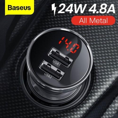 Baseus 24W Metal Dual USB Car Charger 4.8A Mobile Phone Charger Adapter For iPhone 12 Xiaomi With LED Display Car Phone Charger