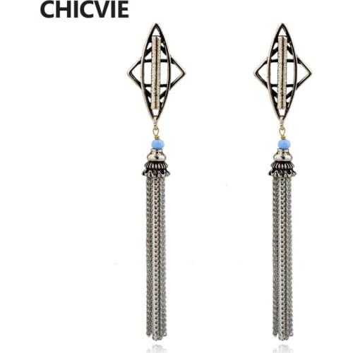 CHICVIE Brand Crystal Drop Earrings For Women Vintage Silver Color Tassel Earrings Fashion Statement Jewelry Gifts SER160124