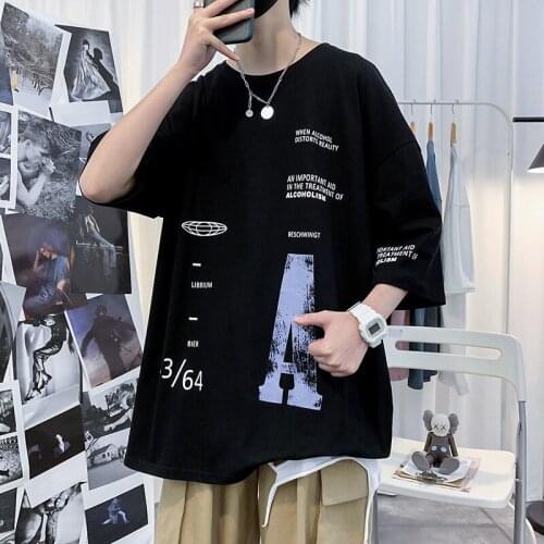 Printed Short-sleeved T-shirt Spring Summer Sports Loose Simple Casual Round Neck Male Clothes Japanese Trend All-match Shirt