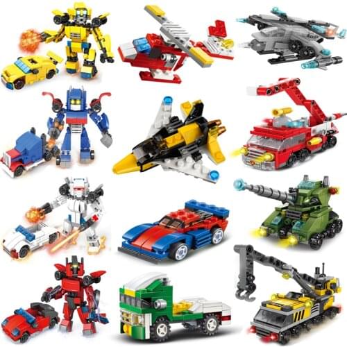 City Vehicle Bus Station Racing Car Robot Airplane Helicopter Camper Kits Pick-Up Building Blocks Brick Kid Toy Van Truck Sets