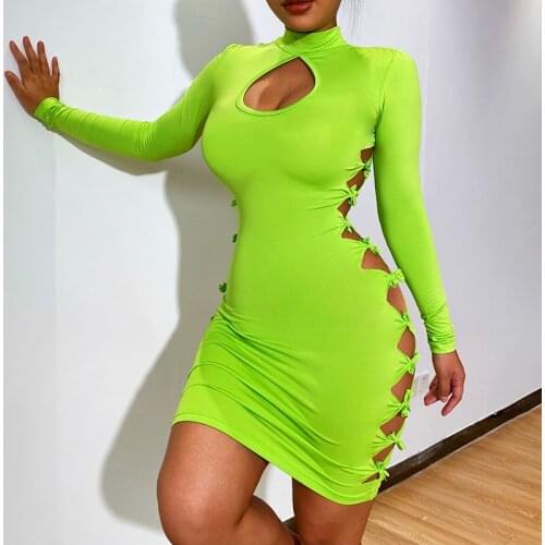 Hirigin Autumn Sexy Hollow Out Dress Women Turtleneck Long Sleeve Neon Green Dress Wrap Mini Bodycon Dress Vestidos Femme