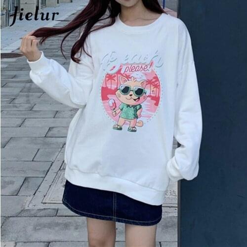 Jielur Cute Cartoon Print Hoodies 2021 Spring Autumn Thin Leisure Women Tops Loose Pullover Black White Female Sweatshirt M-XL