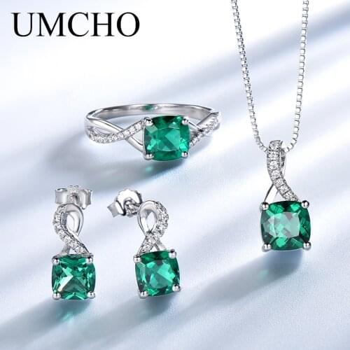 UMCHO Elegant 925 Sterling Silver Necklaces Rings Earrings Square Created Emerald Wedding Gift For Women Fine Jewelry Sets