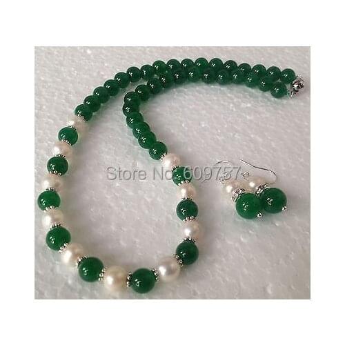 Women real latest design natural jewelry 7-8mm white Akoya Pearl/Green stone Fashion Necklace Earrings set hook