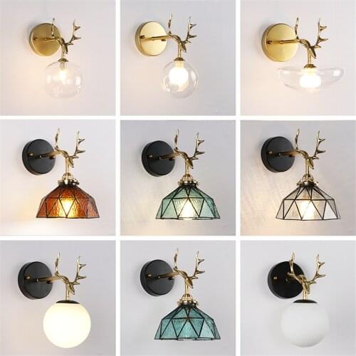 Brass Antler Wall Lamps Bedroom Nordic Deer American Retro Sconce Wall Lights Glass Lampshade Mirror Headlights Deco Fixtures
