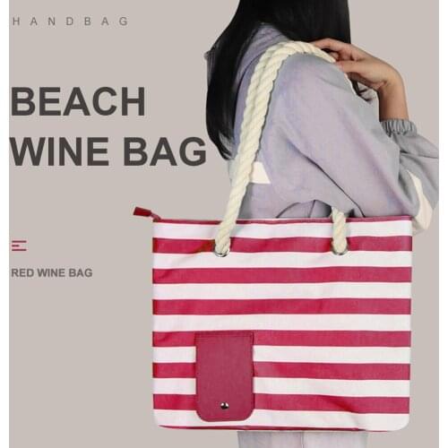 Fashion Casual Striped Red Wine Ice Tote Bags Compartment Compartment Lining Side Pockets Inside with Hidden Insulated