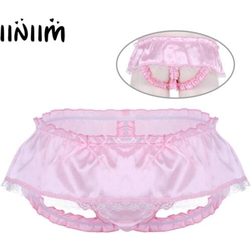 Mens Lingerie Soft Shiny Satin Ruffled 3 Bum Straps Skirted Jockstraps Pouch Panties Sissy Open Butt Lace Briefs Underwear
