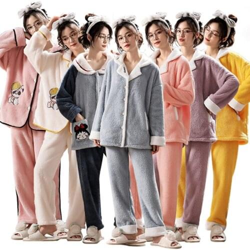 2021 Autumn Winter Soft Warm Flannel Pajamas Women Thicken Pajamas Sets Female Long Sleeve Cute Cartoon Pyjamas Sleepwear Pijama