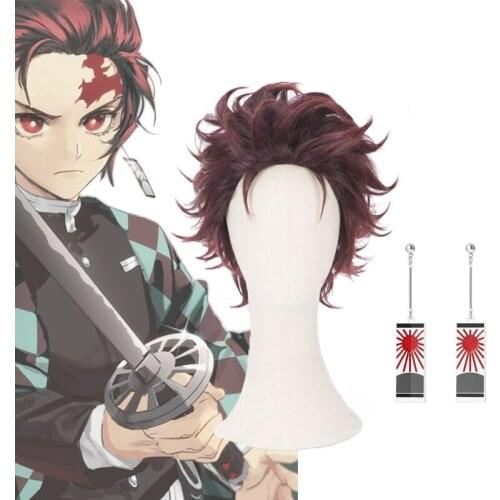 Anime Demon Slayer Kimetsu No Yaiba Tanjiro Kamado Short Chestnut Brown Heat Resistant Hair Cosplay Costume Halloween Wig