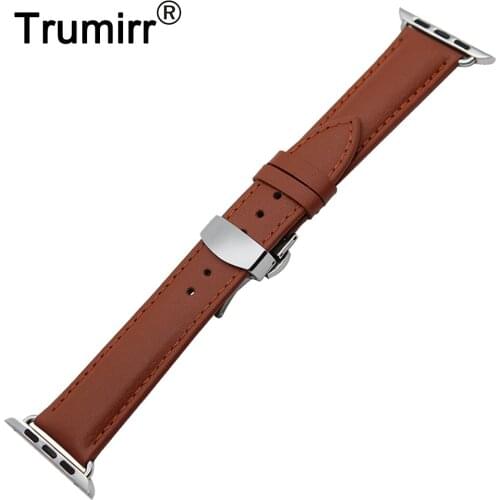 Genuine Leather Watchband for 38mm 42mm iWatch Apple Watch Butterfly Buckle Strap Wrist Band Bracelet Black Brown + Adapters