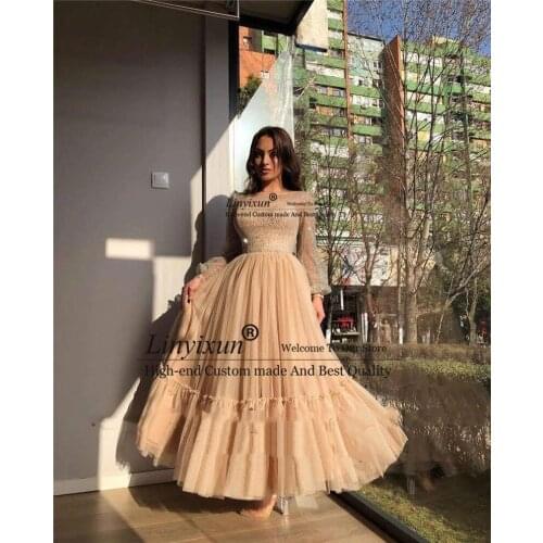 2021 Modest Champagne A Line Tulle Prom Dresses Sparkly Long Sleeves Sheer Scoop Neck Ankle Length Formal Evening Gowns