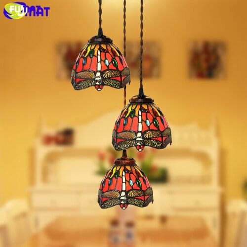 FUMAT LED Pendant Lamp Dragonfly Stained Glass Shade Pendent Lighting for kitchen island Suspension Light Fixture Hanglamp Farm