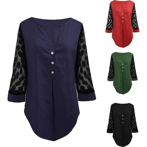 Asymmetric Hem Button V Neck Blouse Women 4XL 5XL Plus Size Tunic Tops 2020 Spring Polka Dot 3/4 Sleeve Women Shirts Blouses