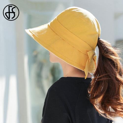 FS Fashion Cotton Summer Bucket Hats For Women Beach Sun Hat Big Bowknot Wide Brim Floppy Visors Caps Adjustable Chapeu Feminino