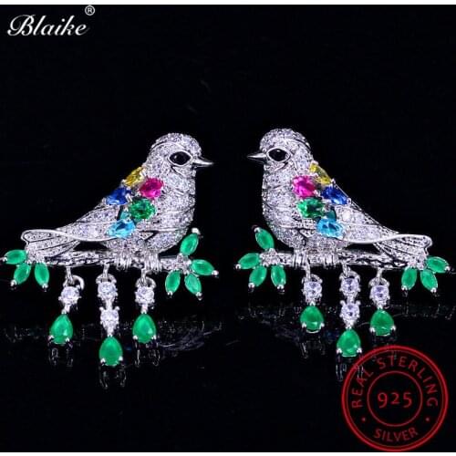 Blaike Solid 925 Sterling Silver Cute Birds Stud Earrings For Women Multicolor Zircon Tassel Earrings Luxury CZ Wedding Jewelry