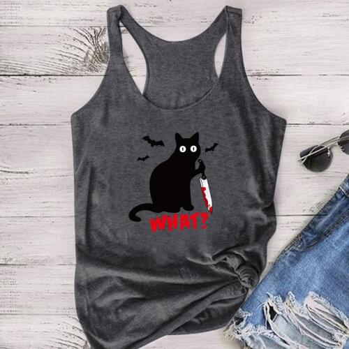 Women Sleeveless Summer Graphic Vest Female Gothic Cat Knife Bats What Printed Tank Top Crew Neck Tank Tops Loose