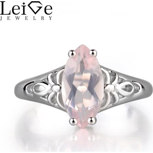 Leige Jewelry Natural Pink Quartz Gemstone Solitaire Ring For Woman Marquise Cut Prong Setting Classic Gifts 925 Sterling Silver