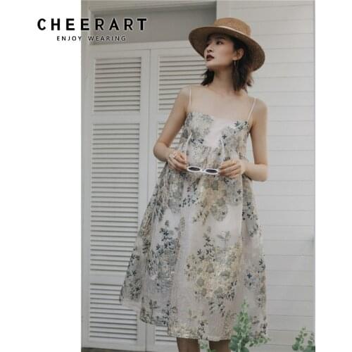 CHEERART Floral Embroidered Dress Women Summer Jacquard Spaghetti Strap Gold Ball Gown Vacation Dress Elegant 2020