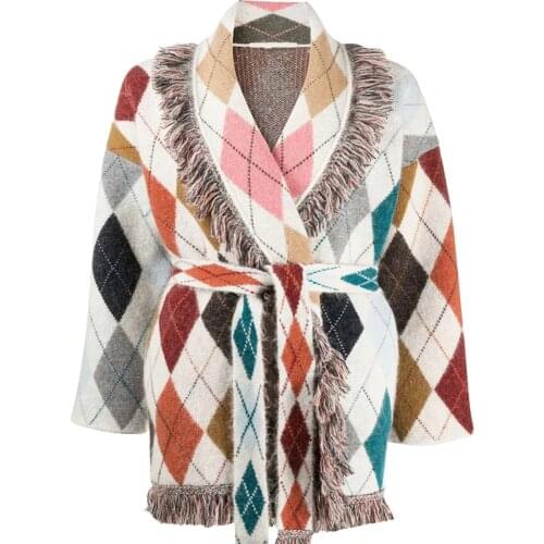 2021 Spring high quality plaid tassels cashmere cardigans fashion womens elegant wool belt knitted overcoat A207