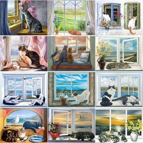 5D DIY Diamond Painting Cute Cat Diamond Embroidery Window Scenery Cross Stitch Full Square Round Drill Crafts Home Decor Gift