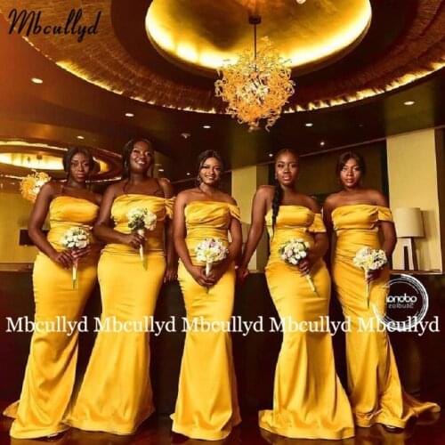 Cheap Bright Gold African Bridesmaid Dresses 2021 Strapless Long Wedding Party Dress Satin Celebrity Wedding Guest Dress