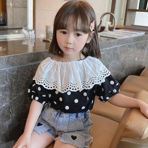 Girls 3-8Years Polka Dot Print Sweet TopCasual Short Sleeve Blouse Doll Collar Shirt Kid Clothing For Girl