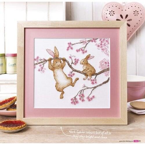11/14/16/18/22/25/28ct Lovely Counted Cross Stitch Kit Two Bunnies Bunny Rabbits Rabbit on Peach Tree Pink Blossom