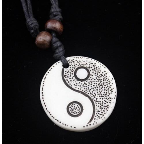 Cool Boy mens Faux bone carved Taoist Tai Chi Yin & Yang Pendants Necklaces Black Rope Adjustable Amulets Gifts MN261