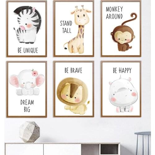 Cute Cartoon Animal Giraffe Lion Monkey Decorative Painting Childrens Room Bedroom Canvas Painting Baby Room Decor Poster