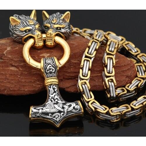 Men stainless steel Wolf head norse viking amulet thor hammer pendant necklace viking king chain
