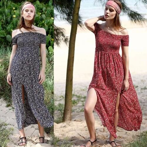 2021New Summer Dress Women Sexy Strapless Beach Dress Vintage Bohemian Maxi Dress Split Flroal Ruched Party Maxi S-XL