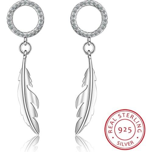 New Fashion 925 Sterling Silver Earrings Zirconia Circle Long Feather Tassel Earrings oorbellen pendientes S-E782