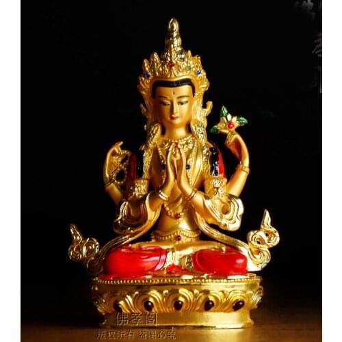 Wholesale Buddhist supplies # Bless Safe good luck Protection-Buddha gilding 14.5CM Shadakshari Avalokitesvara Buddha statue