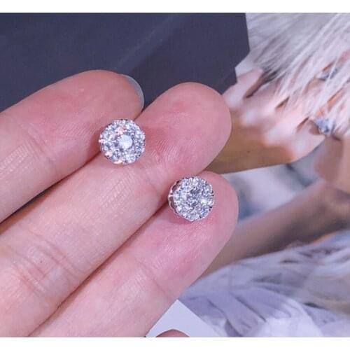 Real 925 Sterling Silver New Women Simple White Color Zircon Round Stud Earrings Cute Little Flower Ear Jewelry Girl Party