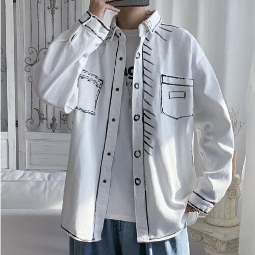 Long Sleeve Shirt Stroke Design Loose Japanese Men Top Fashion Casual Bottoming Shirt Black White Coat Male Clothes Four Seasons
