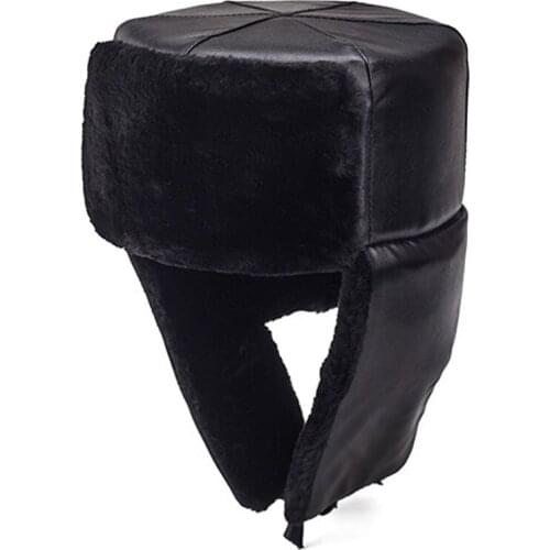 Russian Style Men Warm Winter Hat With Ears Flaps Thermal Ushanka Cap Windproof PU Leather Fur Bomber Hats Black Size 58