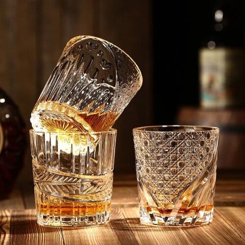 250ml Retro Carved Whiskey Glasses Transparent Scotch Glass Cup Personality Home Bar Party Bourbon Rum Wine Glass Drinkware Gift