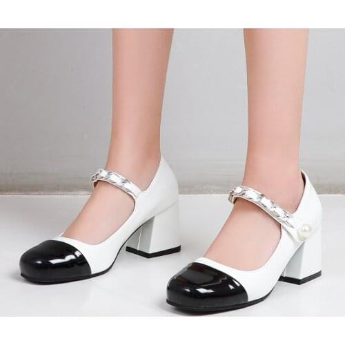 Round Toe Patent Leather Pearl Buckle Pumps, Metal Chain Strap Thick Heel Velcro Silver High Heels Comfortable Womens Shoes