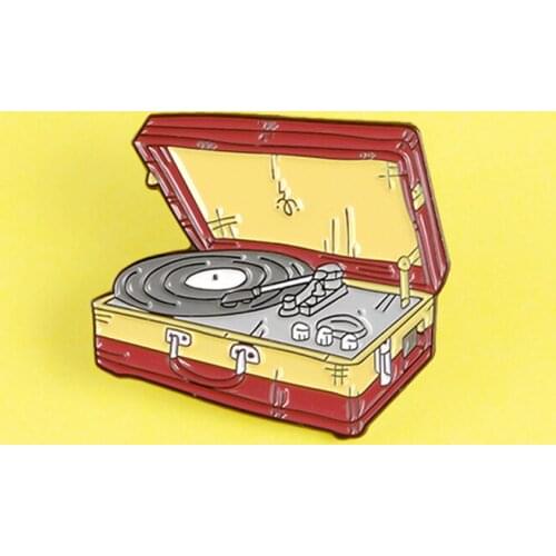Vintage Red Travel Suitcase record player Pins Brooch Records Player Phonograph Enamel Badges collection Music Brooches Gifts