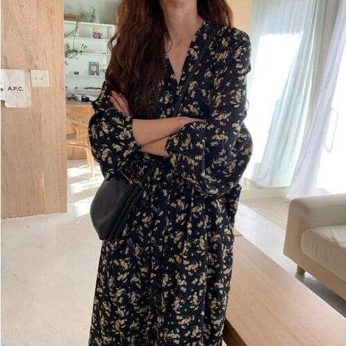 Floral Print Vintage Autumn Dress Women Loose Casual Long Maxi Dress Korean Pockets A-Line Chic Elegant Harajuku Party Dress