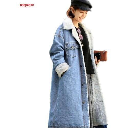 Winter New Denim Jeans Jacket Plus Velvet Thick Coat Womens Warm Loose Overcoat Lamb Cotton Coat Plus Size Long Jacket W402