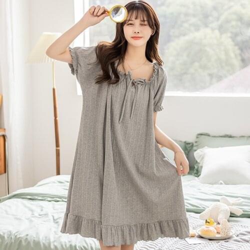 Fdfklak M-XXL Plus Size Sleepwear Womens Summer NEW Cotton Short-Sleeved Night Dress Loose Pure Color Girl Nightgown